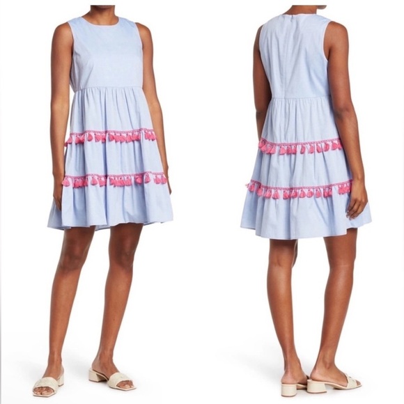 ELIZA J Chambray with Pink Tassel Tiered Cotton Sleeveless Dress Size 18 - Picture 1 of 7